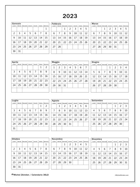 Calendario annuale 2023 “36”. Calendario da stampare gratuito.. Da lunedì a domenica