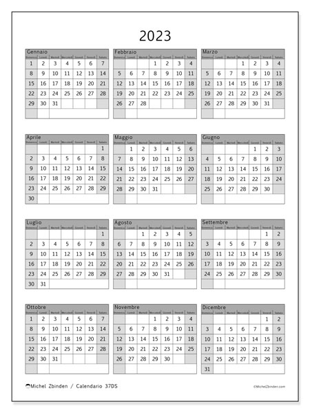 Calendario annuale 2023 “37”. Calendario da stampare gratuito.. Da domenica a sabato
