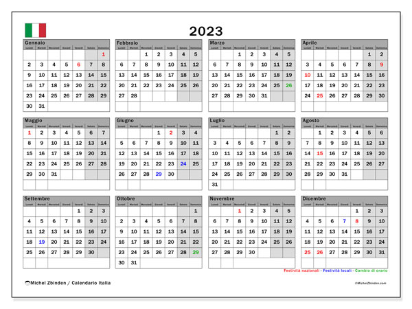 Calendrier annuels 2023, Italie (IT), prêt à imprimer et gratuit.