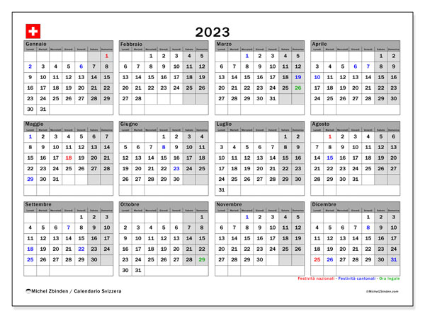 Calendrier annuels 2023, Suisse (IT), prêt à imprimer et gratuit.