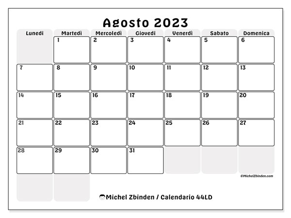 44LD, calendario agosto 2023, da stampare gratuitamente.