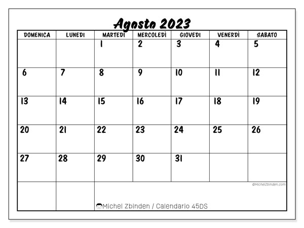Calendario da stampare, agosto 2023, 45DS