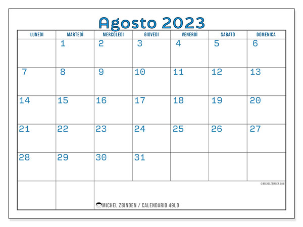 49LD, calendario agosto 2023, da stampare gratuitamente.