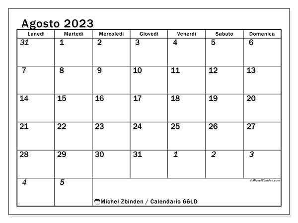 Calendario agosto 2023, 501LD. Programma da stampare gratuito.