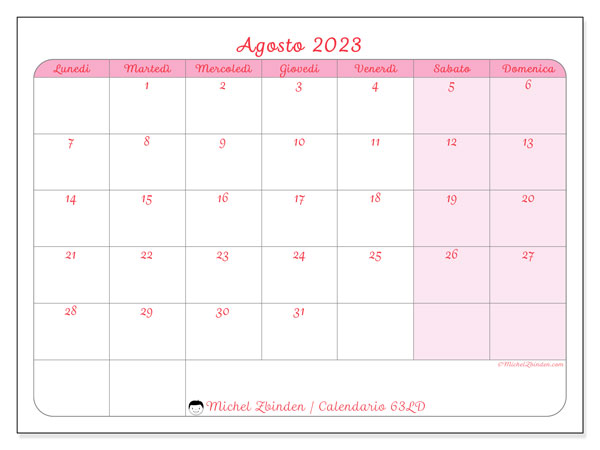 Calendario da stampare, agosto 2023, 63LD