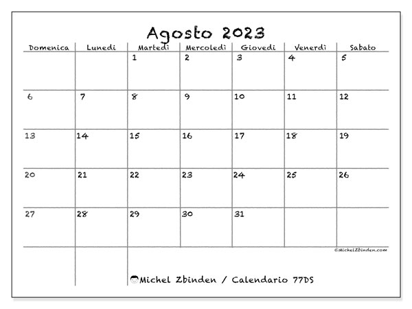 Calendario agosto 2023, 77DS. Programma da stampare gratuito.