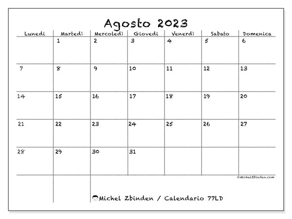 77LD, calendario agosto 2023, da stampare gratuitamente.