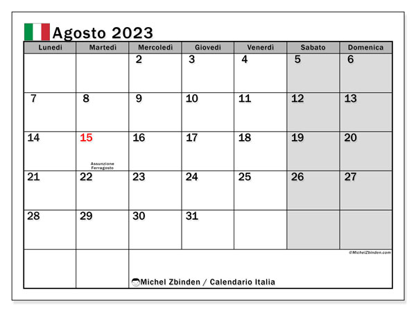 Kalendarz sierpień 2023, Włochy (IT). Darmowy program do druku.