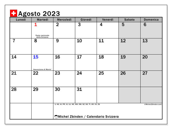 Kalender august 2023, Sveits (IT). Gratis kalender for utskrift.