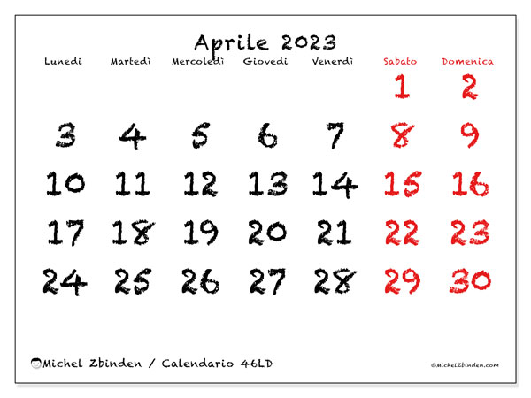 46LD, calendario aprile 2023, da stampare gratuitamente.
