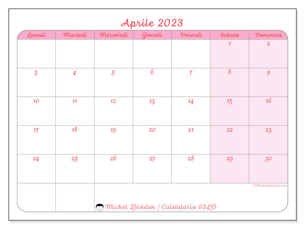 Calendario aprile 2023, 63LD. Calendario stampabile gratuitamente.