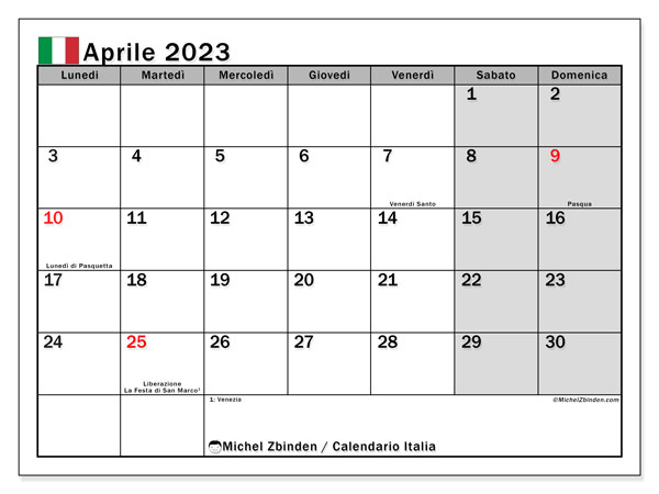 Calendario aprile 2023 con i giorni festivi per l’Italia. Calendario stampabile gratuitamente.