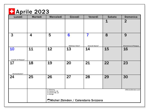 Calendario aprile 2023 con i giorni festivi della Svizzera. Calendario stampabile gratuitamente.