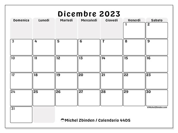 Calendario dicembre 2023, 44DS. Piano da stampare gratuito.