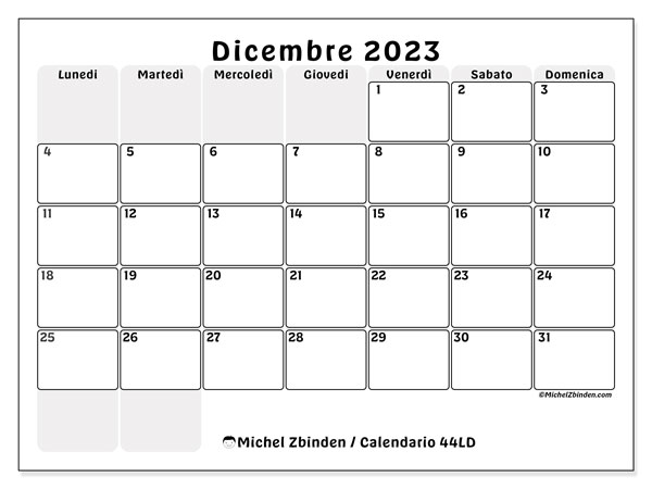 Calendario dicembre 2023, 44LD. Piano da stampare gratuito.