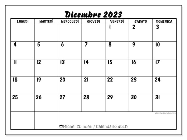 45LD, calendario dicembre 2023, da stampare gratuitamente.