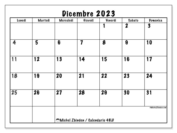 Calendario dicembre 2023, 48LD. Piano da stampare gratuito.