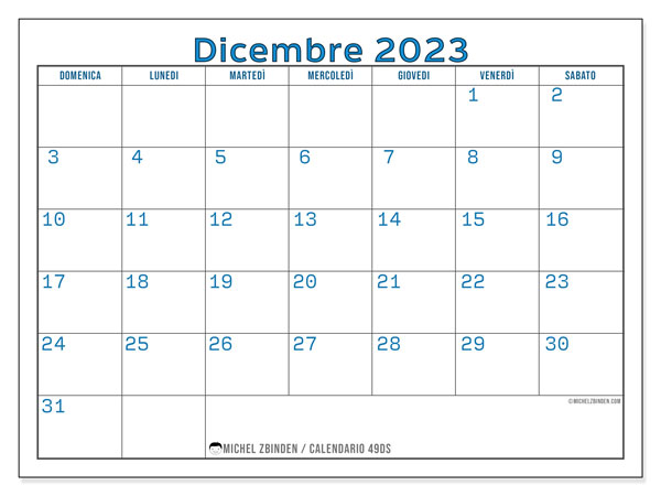 Calendario dicembre 2023, 49DS. Piano da stampare gratuito.