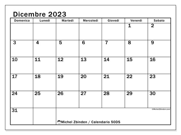 Calendario dicembre 2023, 50DS. Piano da stampare gratuito.