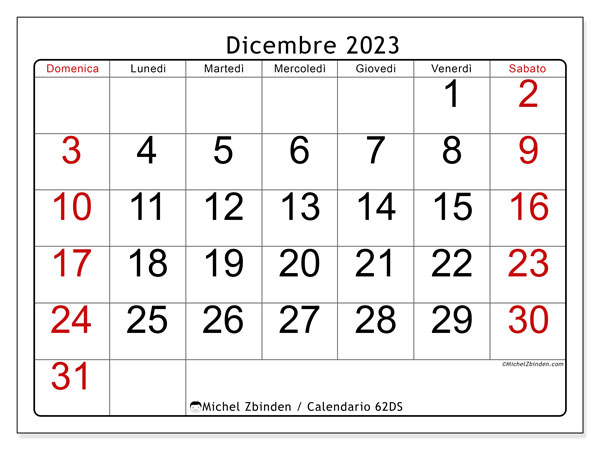 Calendario dicembre 2023, 62DS. Piano da stampare gratuito.