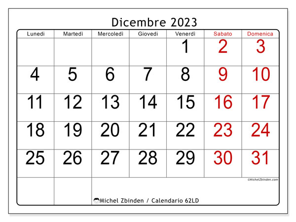 Calendario dicembre 2023, 62LD. Piano da stampare gratuito.