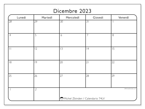 Calendario dicembre 2023, 74DS. Piano da stampare gratuito.