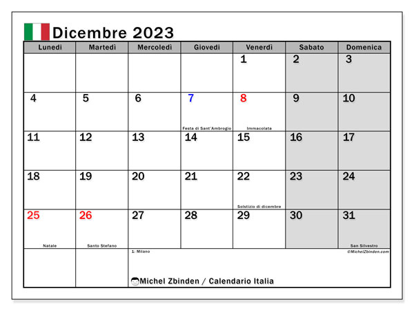 Kalendarz grudzień 2023, Włochy (IT). Darmowy kalendarz do druku.