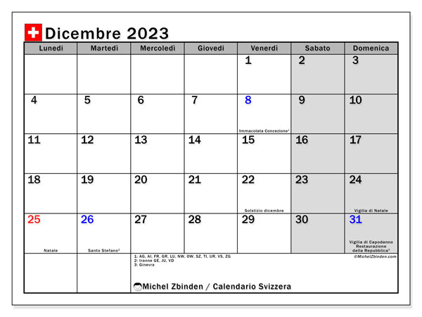 Calendrier décembre 2023, Suisse (IT), prêt à imprimer et gratuit.