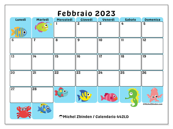442LD, calendario febbraio 2023, da stampare gratuitamente.