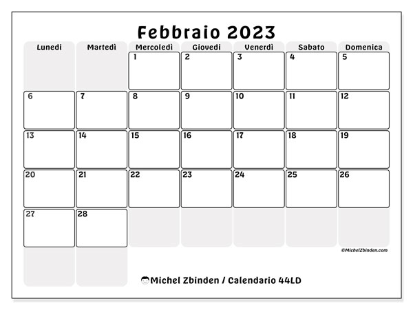 44LD, calendario febbraio 2023, da stampare gratuitamente.