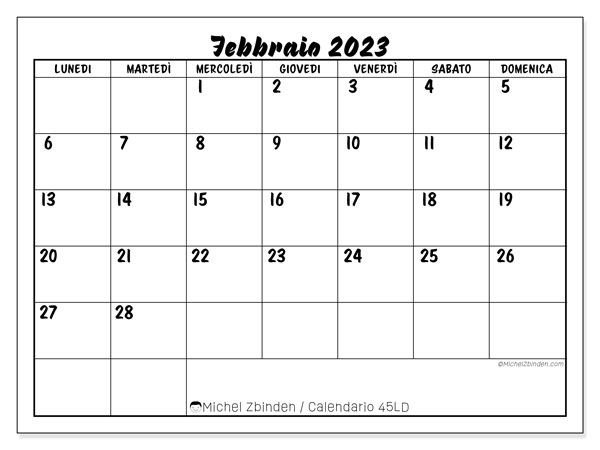 Calendario da stampare, febbraio 2023, 45LD