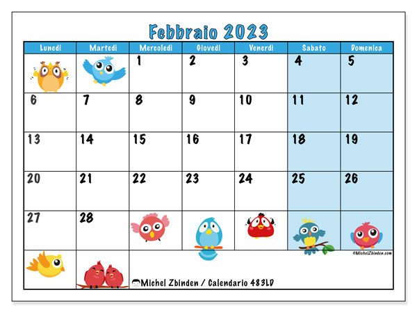 Calendario da stampare, febbraio 2023, 483LD