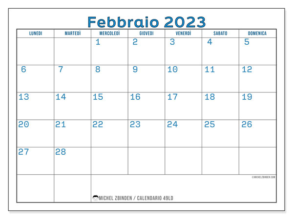 49LD, calendario febbraio 2023, da stampare gratuitamente.