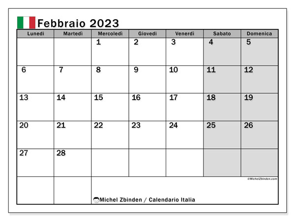 Calendario “Italia” da stampare, con i giorni festivi. Calendario mensile febbraio 2023 e programma stampabile gratuito.