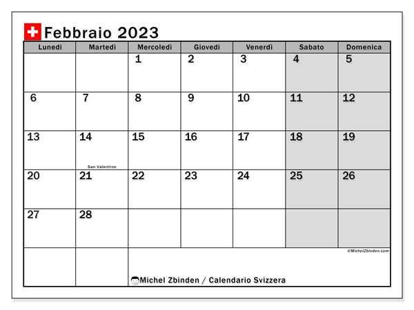 Svizzera, calendario febbraio 2023, da stampare gratuitamente.