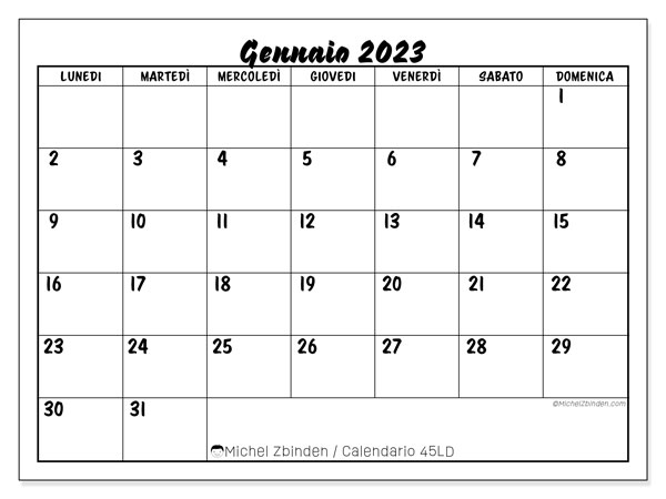 Calendario da stampare, gennaio 2023, 45LD