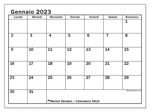 Calendario da stampare, gennaio 2023, 50LD