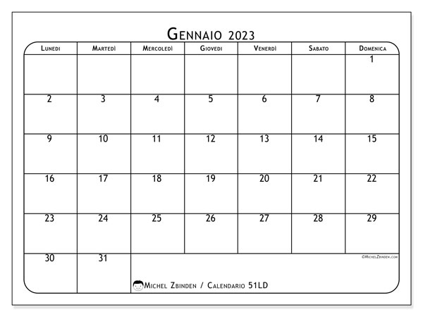 Calendario gennaio 2023 da stampare. Calendario mensile “51LD” e orario da stampare gratis