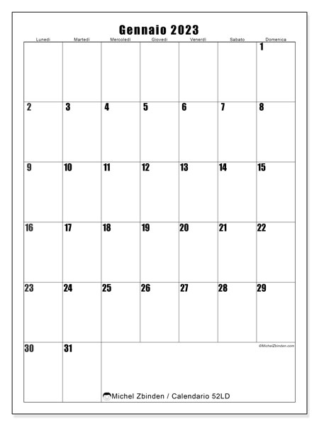 Calendario da stampare, gennaio 2023, 52LD