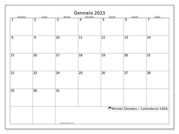 Calendario da stampare, gennaio 2023, 53DS