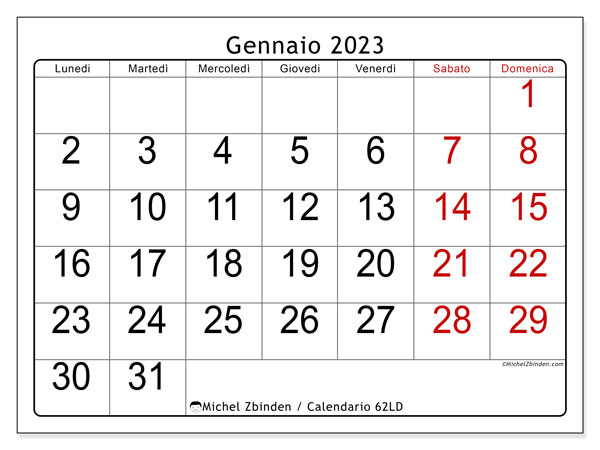 Calendario da stampare, gennaio 2023, 62LD