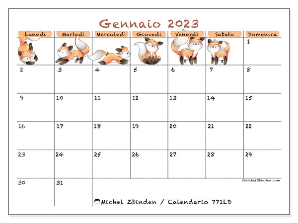 Calendario gennaio 2023 da stampare. Calendario mensile “771LD” e programma per la stampa gratis