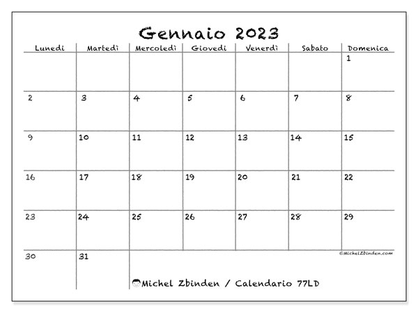 Calendario da stampare, gennaio 2023, 77LD