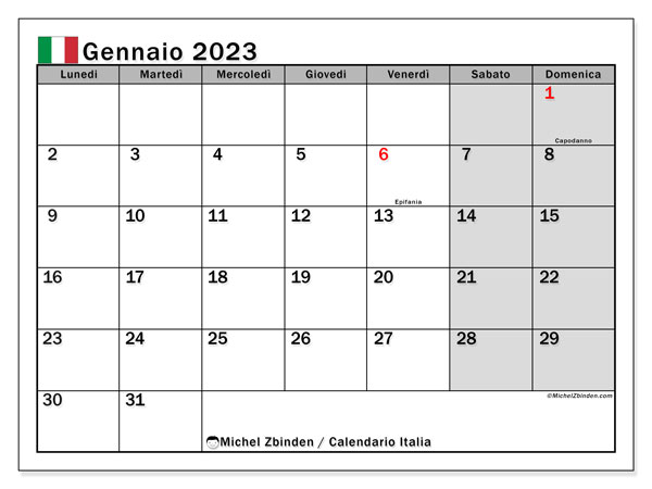 Italia, calendario gennaio 2023, da stampare gratuitamente.