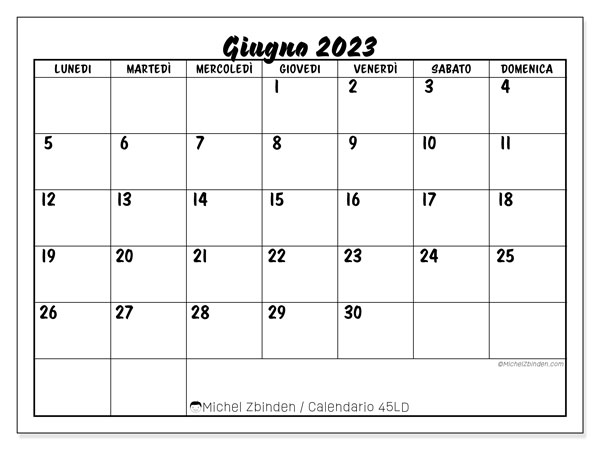 Calendario giugno 2023 “45”. Calendario da stampare gratuito.. Da lunedì a domenica