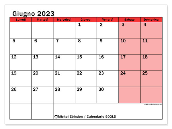 Calendario da stampare, giugno 2023, 502LD