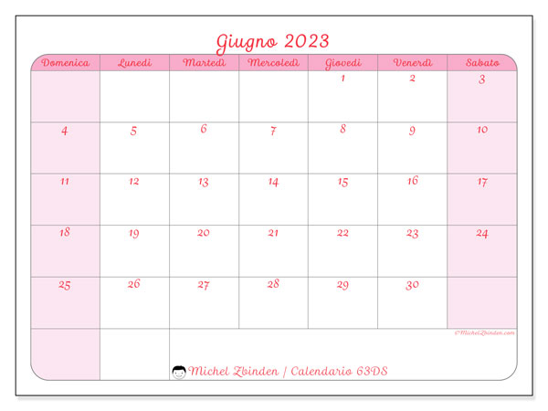Calendario giugno 2023, 63DS. Calendario da stampare gratuito.
