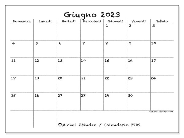 Calendario giugno 2023, 77DS. Calendario da stampare gratuito.