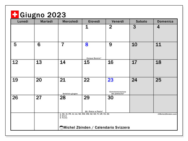 Kalender Juni 2023, Schweiz (IT). Kalender zum Ausdrucken kostenlos.