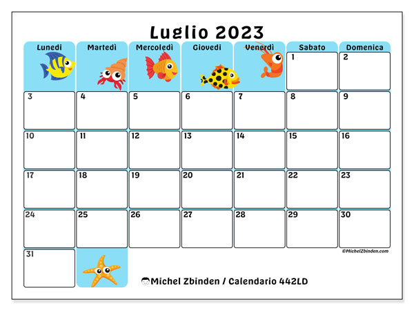 Calendario luglio 2023 da stampare. Calendario mensile “442LD” e orario stampabile gratuito